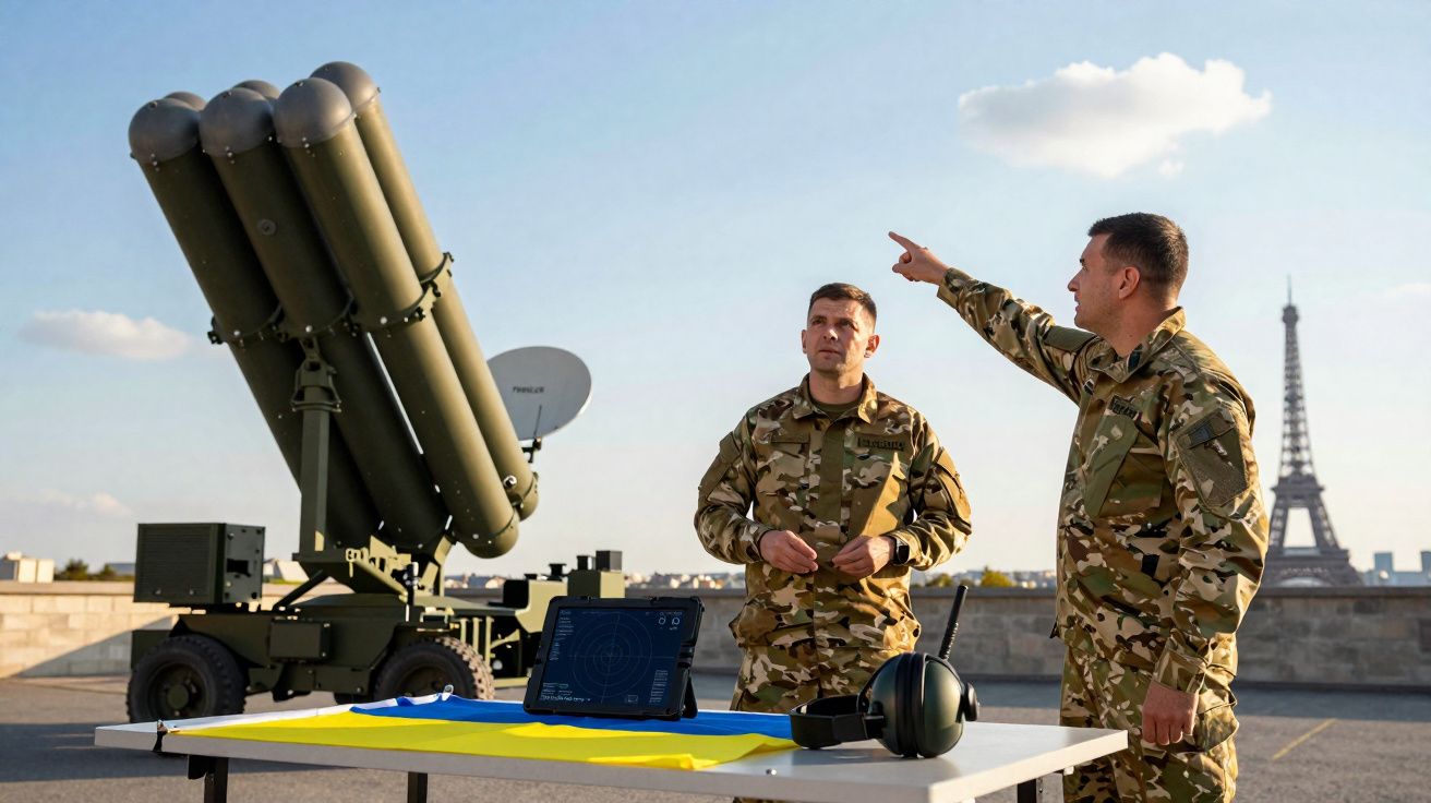 Deux militaires en tenue camouflage devant un missile sol-air avec la tour Eiffel en arrière-plan.
