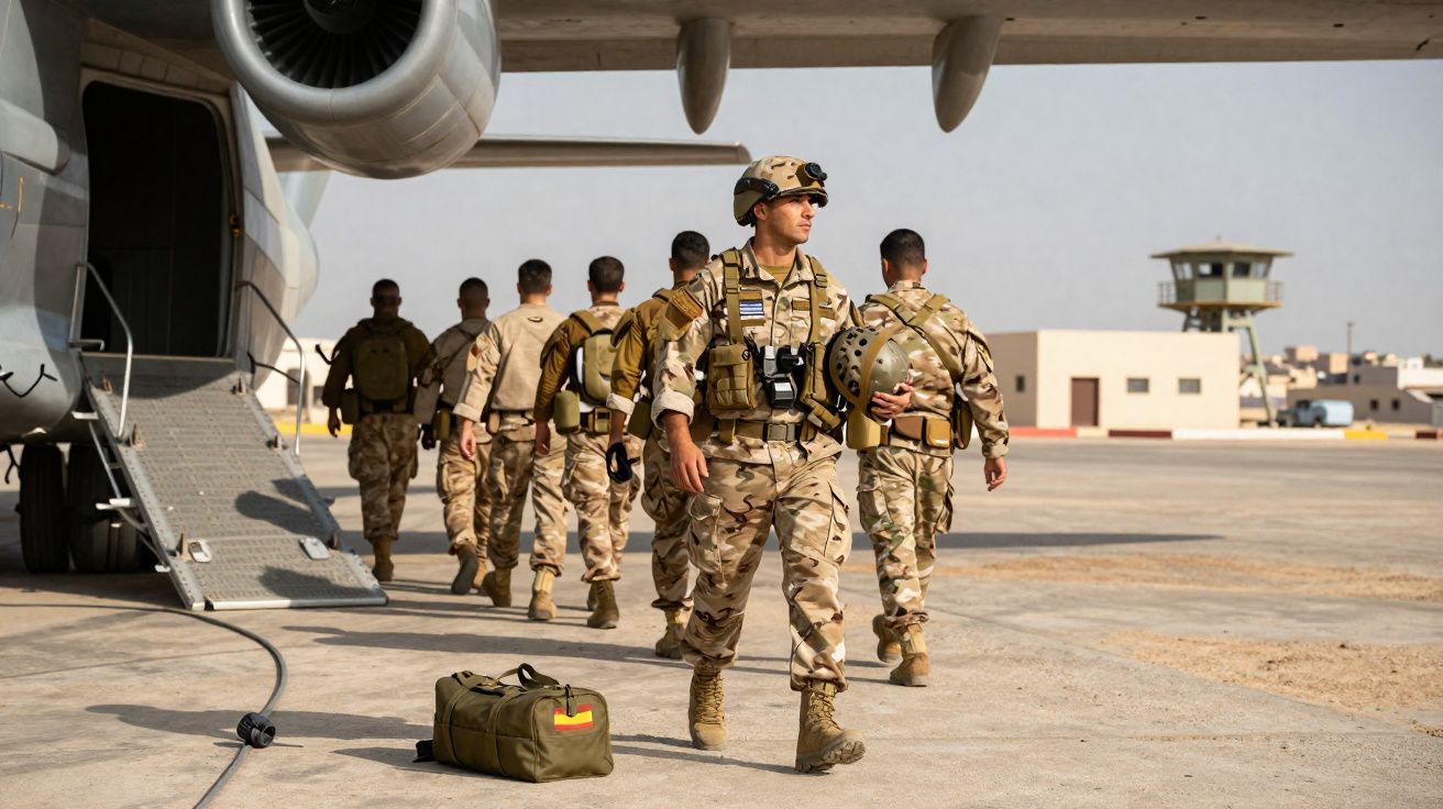 Soldats en tenue militaire déchargeant un avion militaire sur une piste d'aéroport en zone désertique.