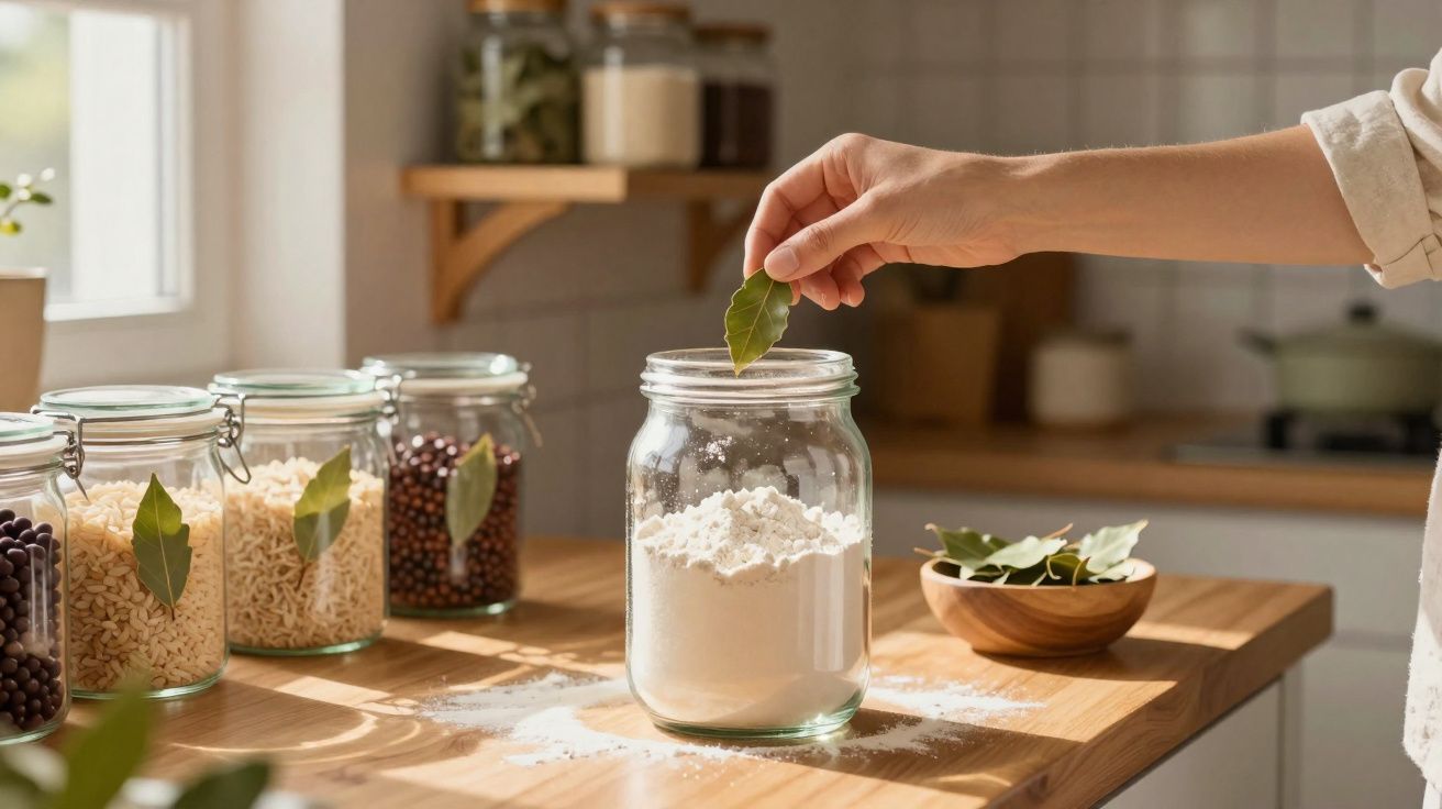 Main déposant une feuille de laurier dans un bocal de farine sur une table en bois dans une cuisine lumineuse.