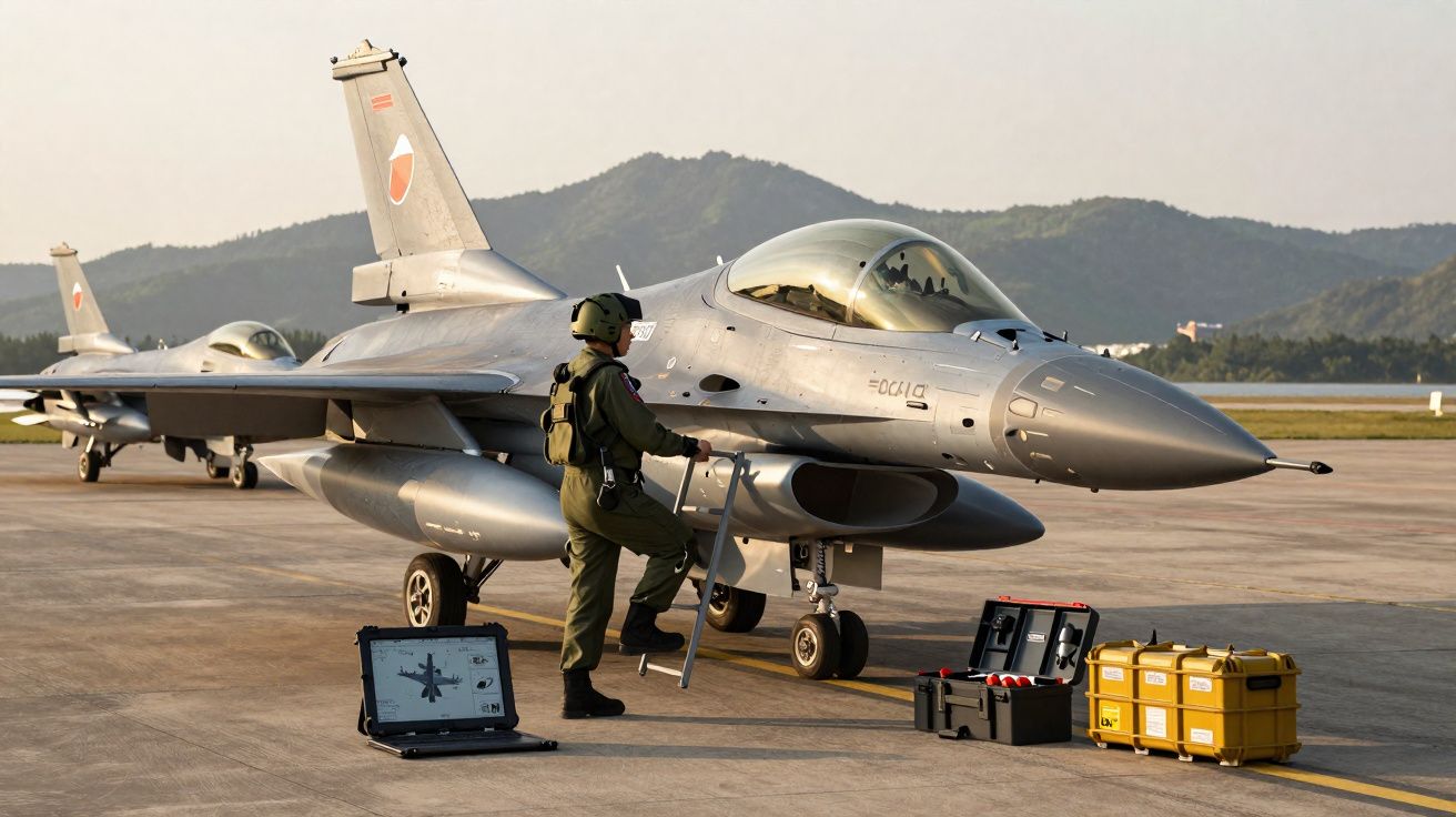 Un pilote en tenue militaire monte dans un avion de chasse stationné sur une piste avec des équipements au sol.
