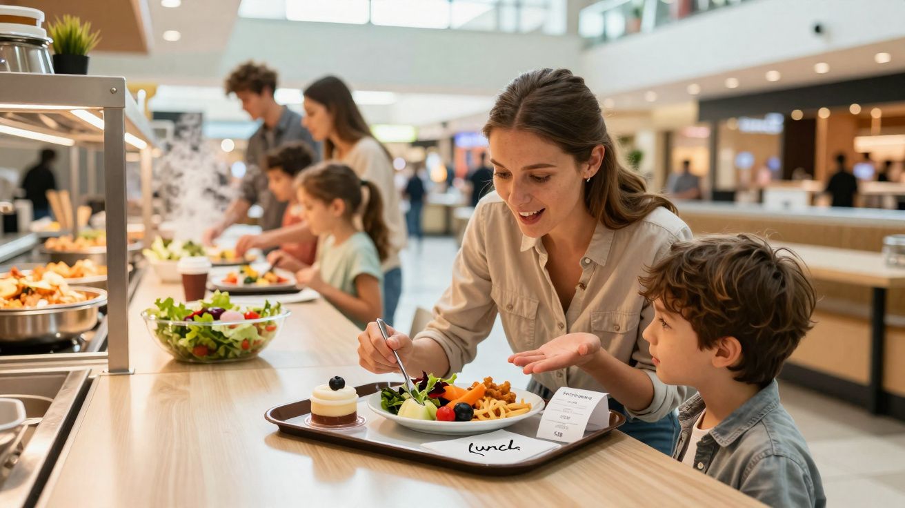 Une mère et son fils choisissent leur repas dans une cantine lumineuse et animée.
