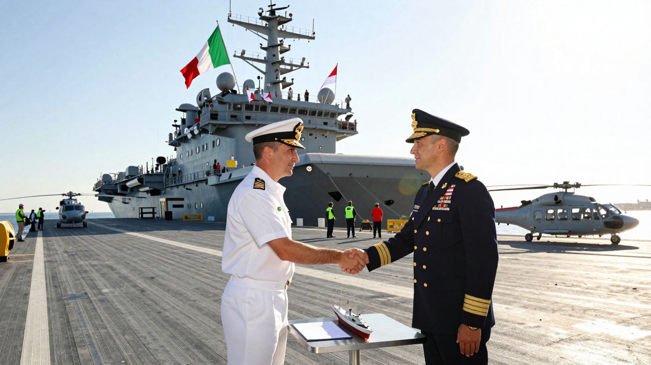 Deux officiers en uniforme se serrant la main sur le pont d’un porte-avions avec hélicoptères en arrière-plan.