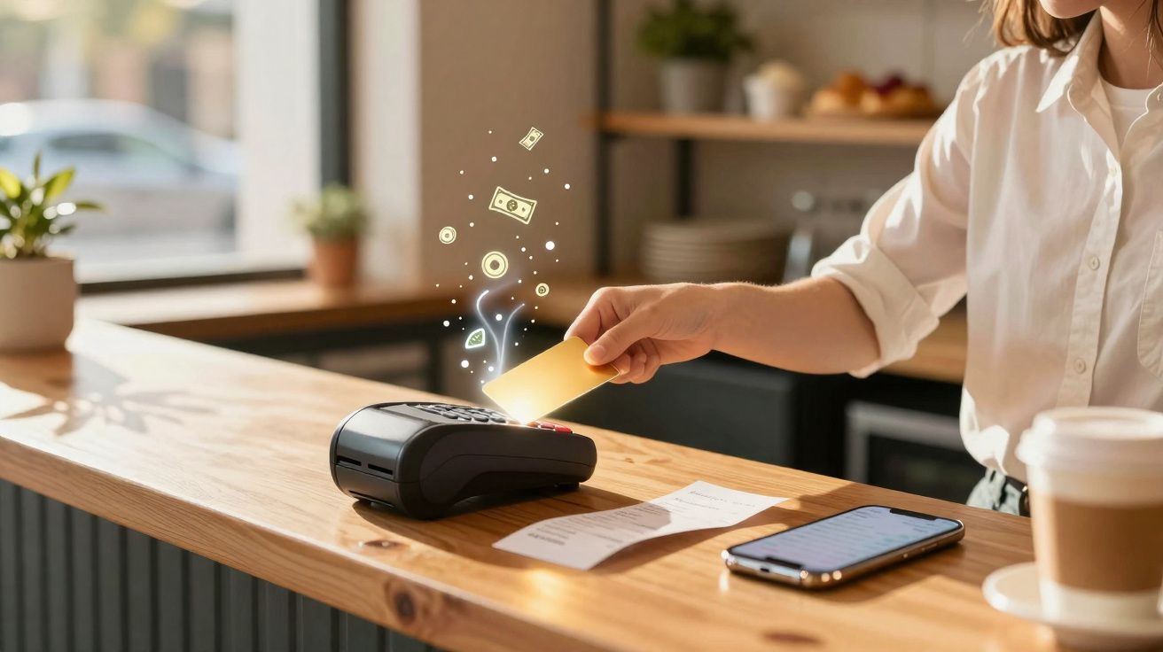 Personne payant sans contact avec une carte bancaire près d’un terminal de paiement en boutique.