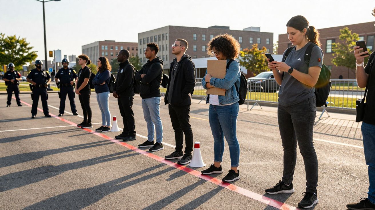 Une file de personnes debout sur une ligne rouge devant des policiers, certains regardant leur téléphone.