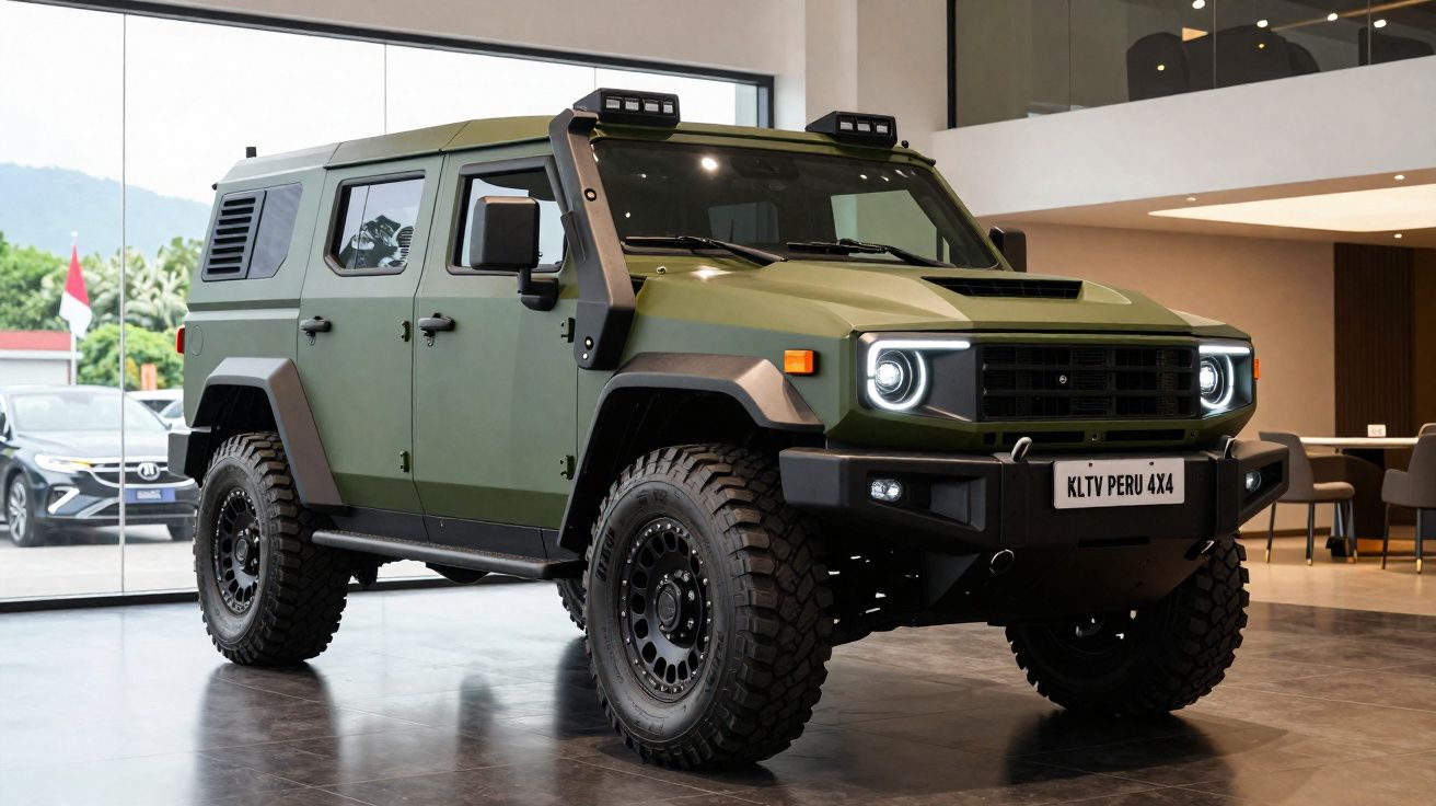 Véhicule tout-terrain militaire vert olive avec toit surélevé et phares LED circulaires exposé en intérieur moderne.