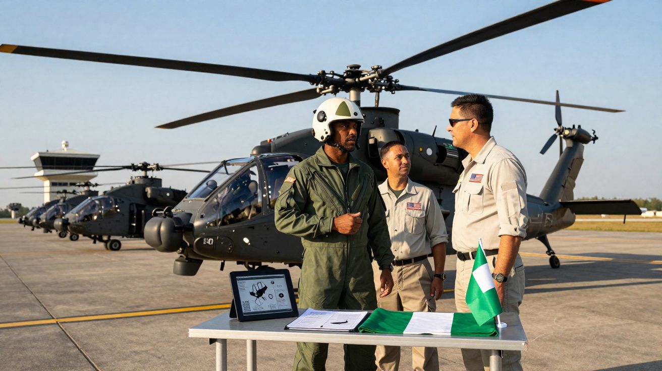 Trois militaires discutent devant une rangée d'hélicoptères noirs sur un tarmac.