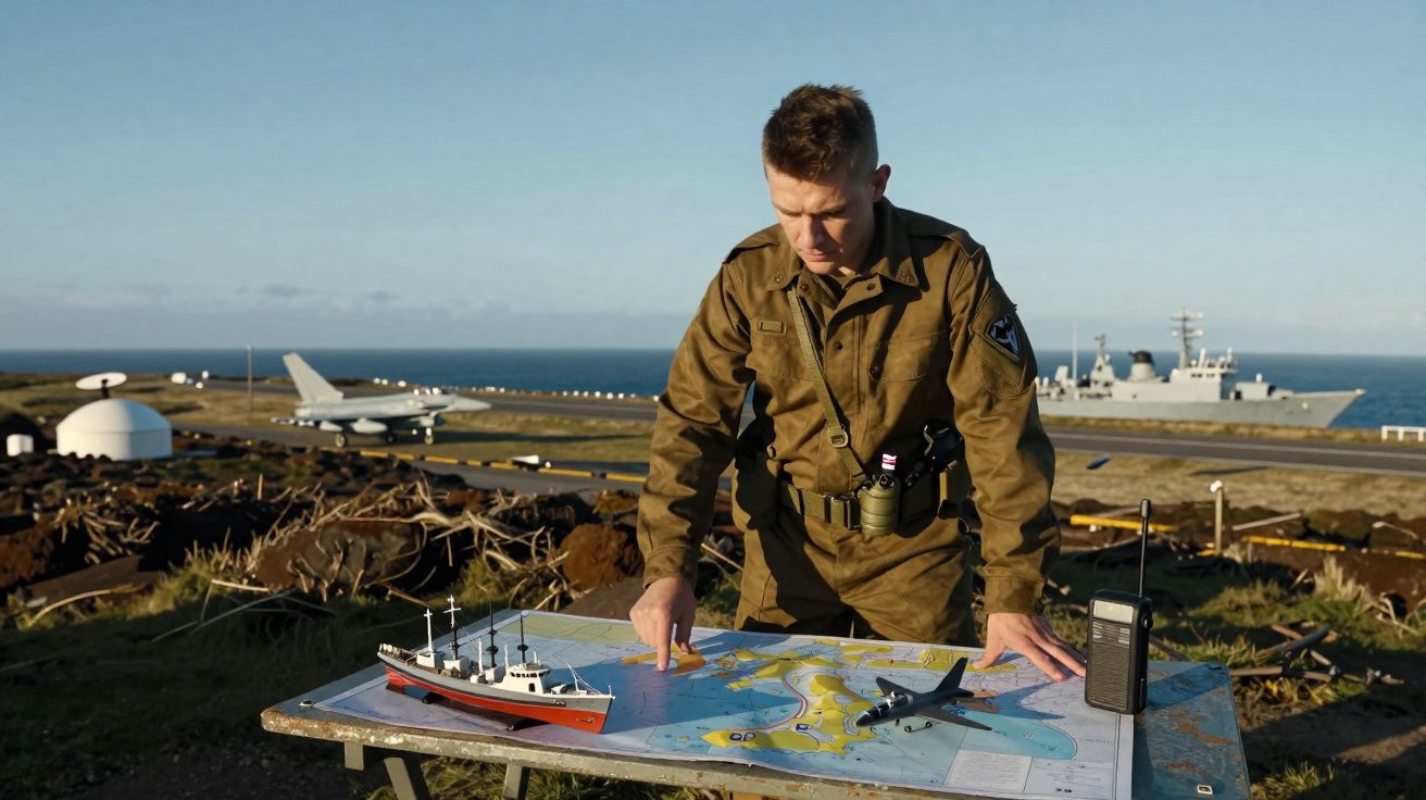 Militaire en tenue analysant une carte maritime avec modèles de bateau et avion, navire et avion en arrière-plan.