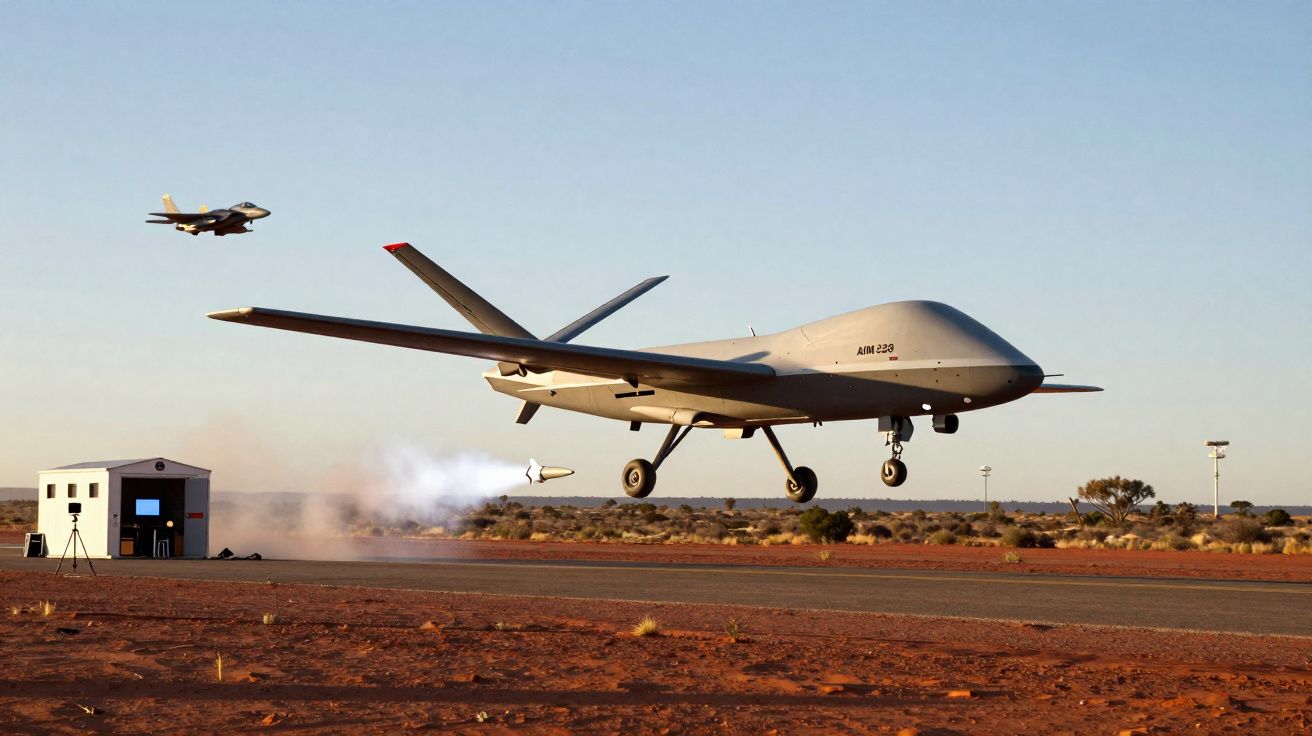 Drone militaire en train de décoller sur une piste désertique, avec un avion de chasse en arrière-plan.