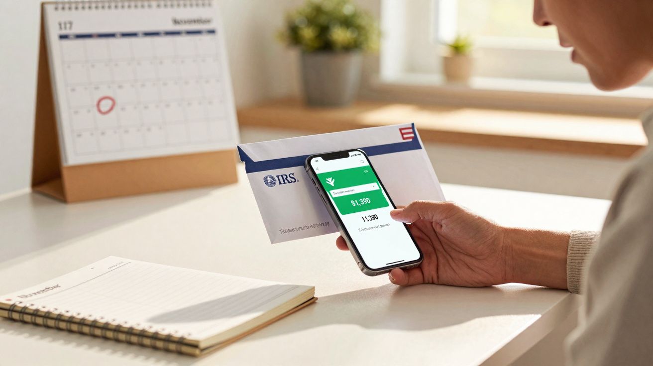 Personne consultant une notification de paiement sur smartphone avec une enveloppe IRS et un calendrier en arrière-plan.