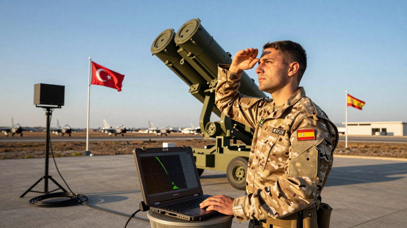 Militaire en tenue camouflage devant radar et lance-missiles, drapeaux turc et espagnol en arrière-plan.