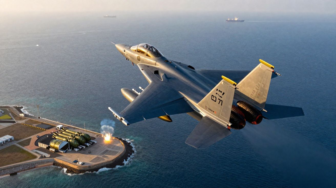 Chasseur militaire gris volant au-dessus de la mer près d'une base côtière avec des navires en arrière-plan.