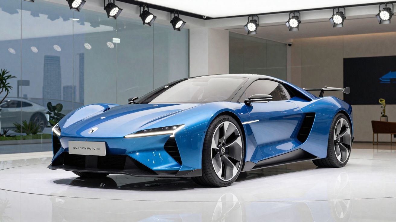 Voiture de sport électrique bleue brillante exposée en intérieur sur un sol blanc et lumineux.