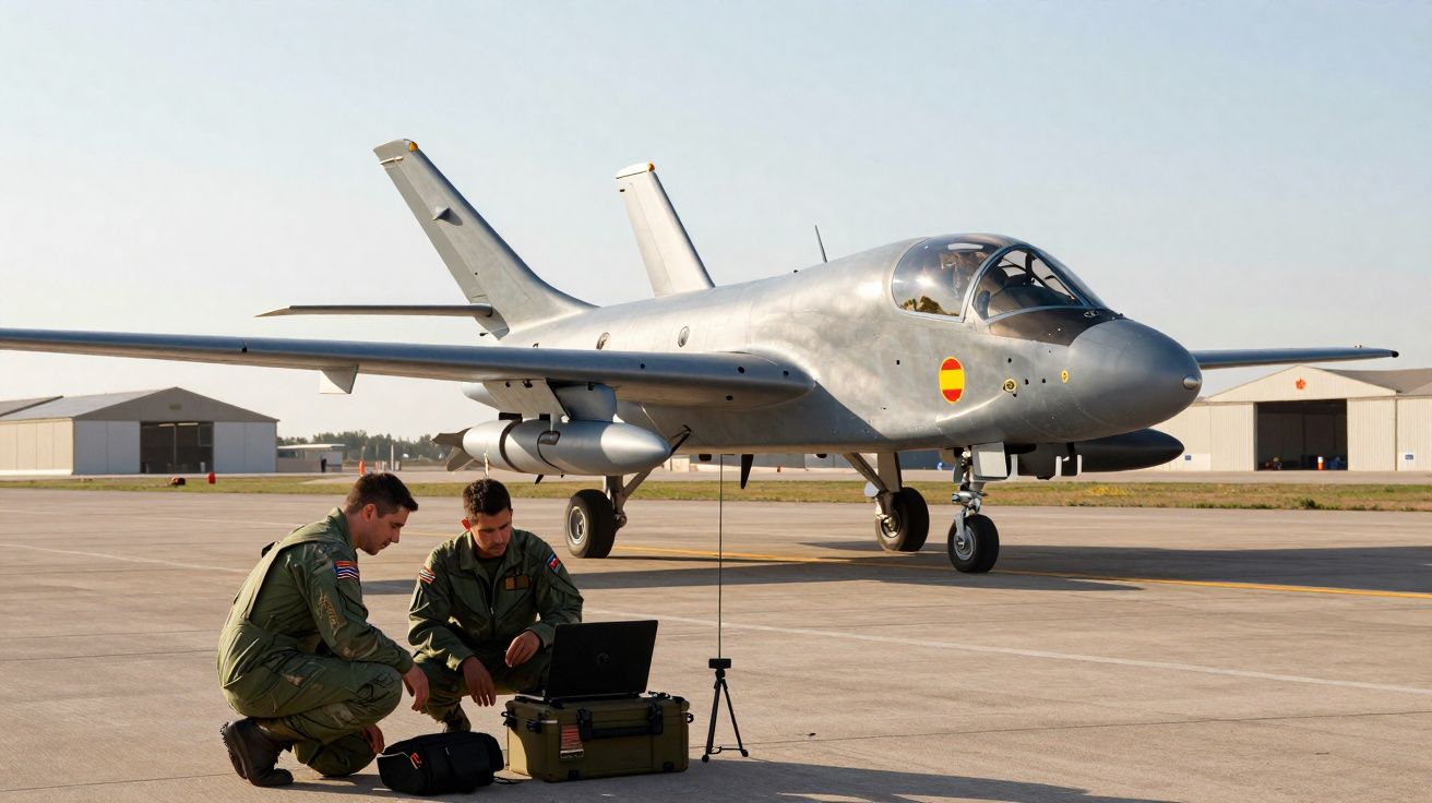 Deux militaires en tenue vérifient du matériel devant un avion militaire au sol sur une base aérienne.