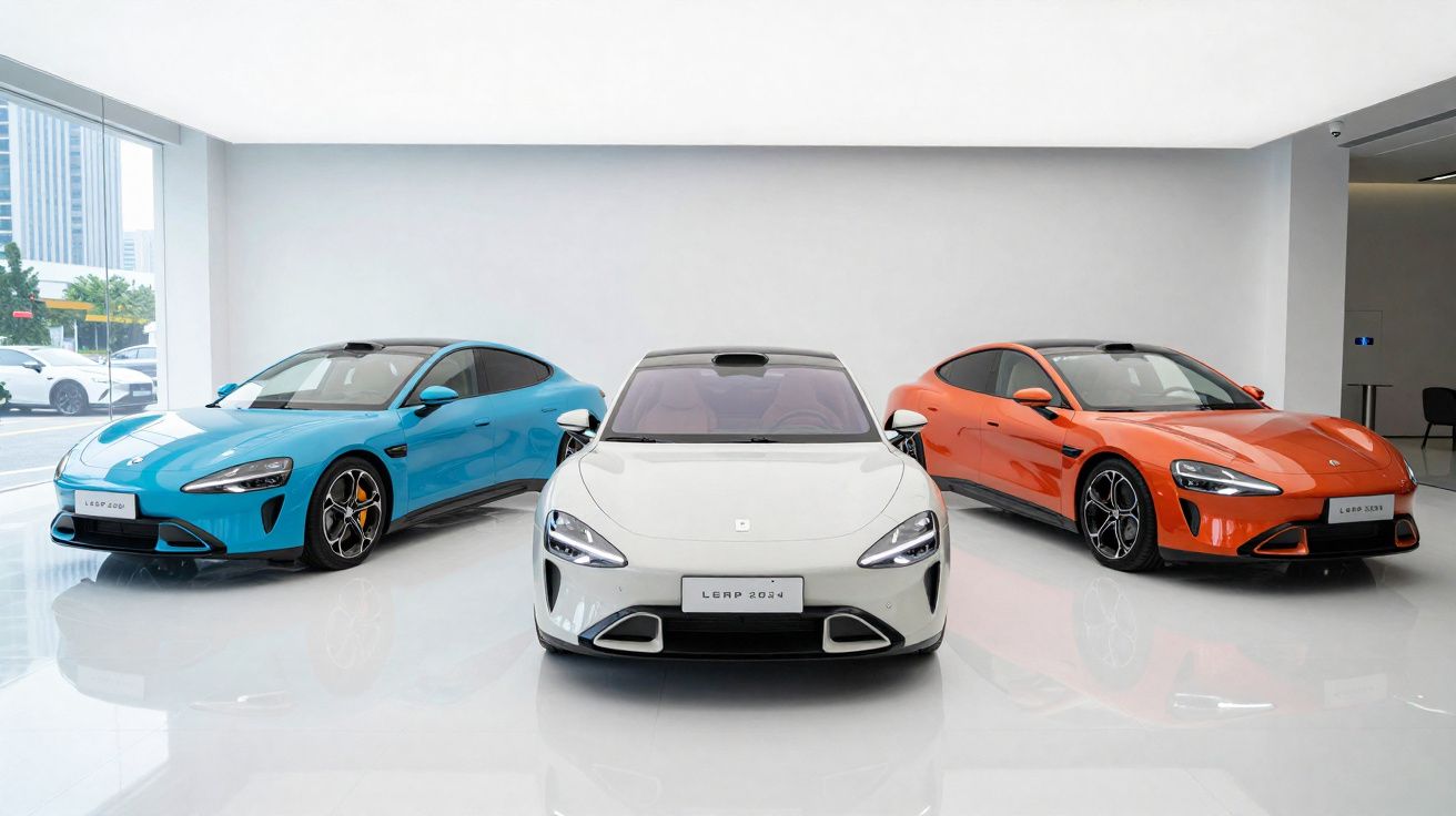 Trois voitures sportives électriques modernes de couleurs bleu, blanc et orange exposées dans un showroom lumineux.