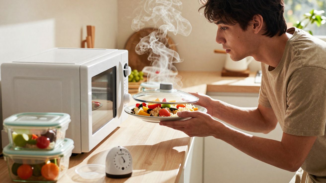 Jeune homme sortant une assiette chaude fumante d'un micro-ondes dans une cuisine lumineuse.