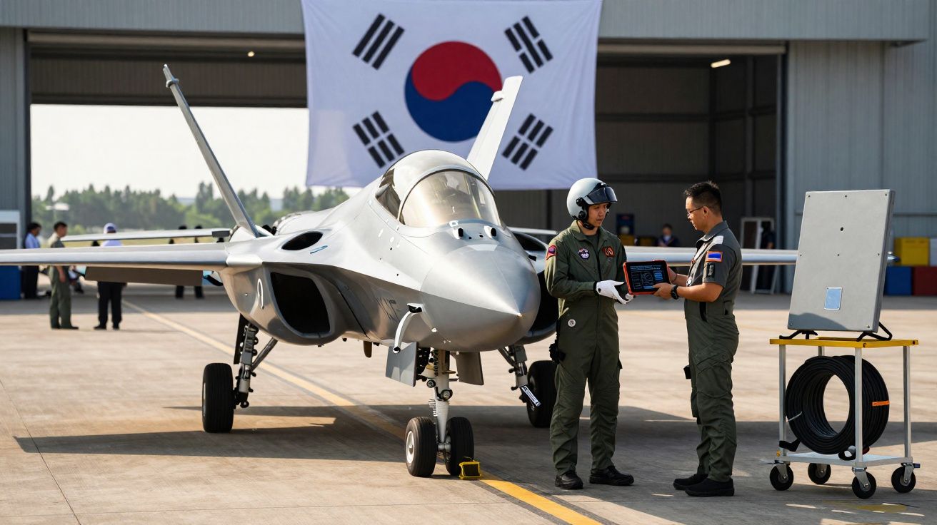 Avion de chasse sur piste avec deux pilotes en uniforme discutant, drapeau sud-coréen en arrière-plan.