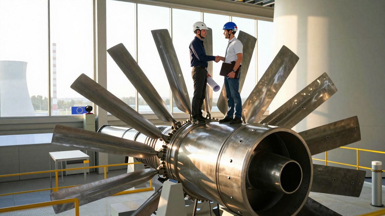Deux ingénieurs avec casques serrent la main debout sur une grande turbine métallique dans un atelier.