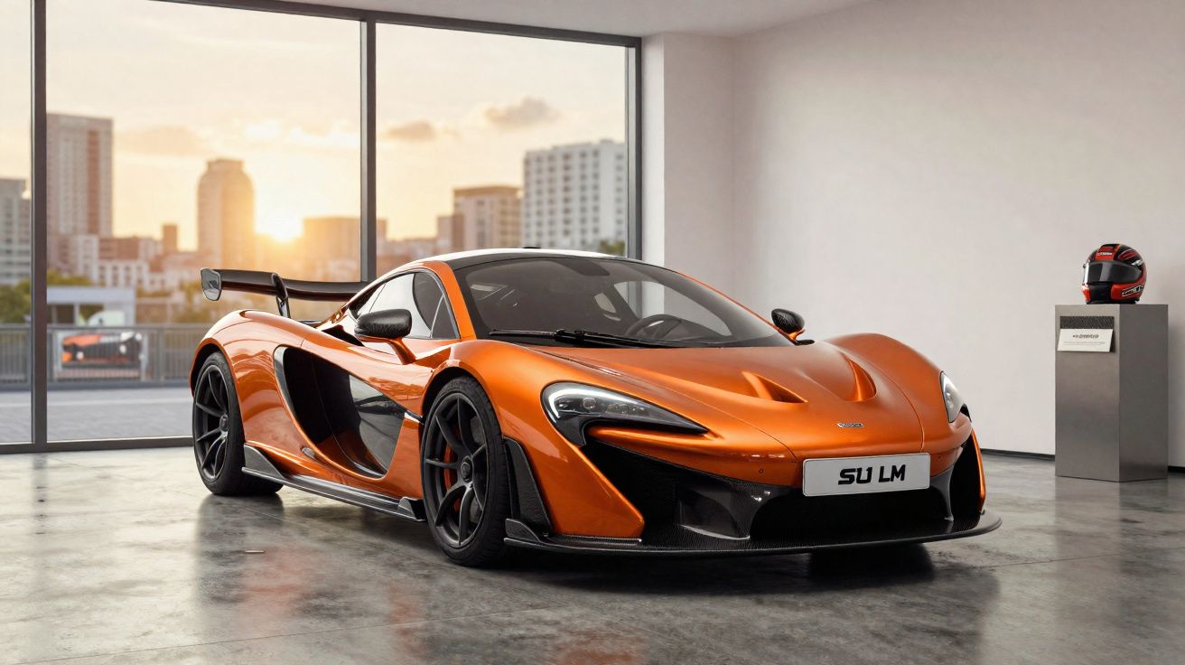 Voiture sportive orange brillante McLaren stationnée dans un showroom moderne avec vue sur la ville au coucher du soleil.