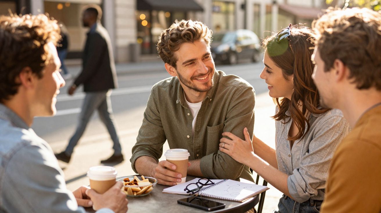 Quatre amis souriants discutant autour d'un café en terrasse lors d'une journée ensoleillée.
