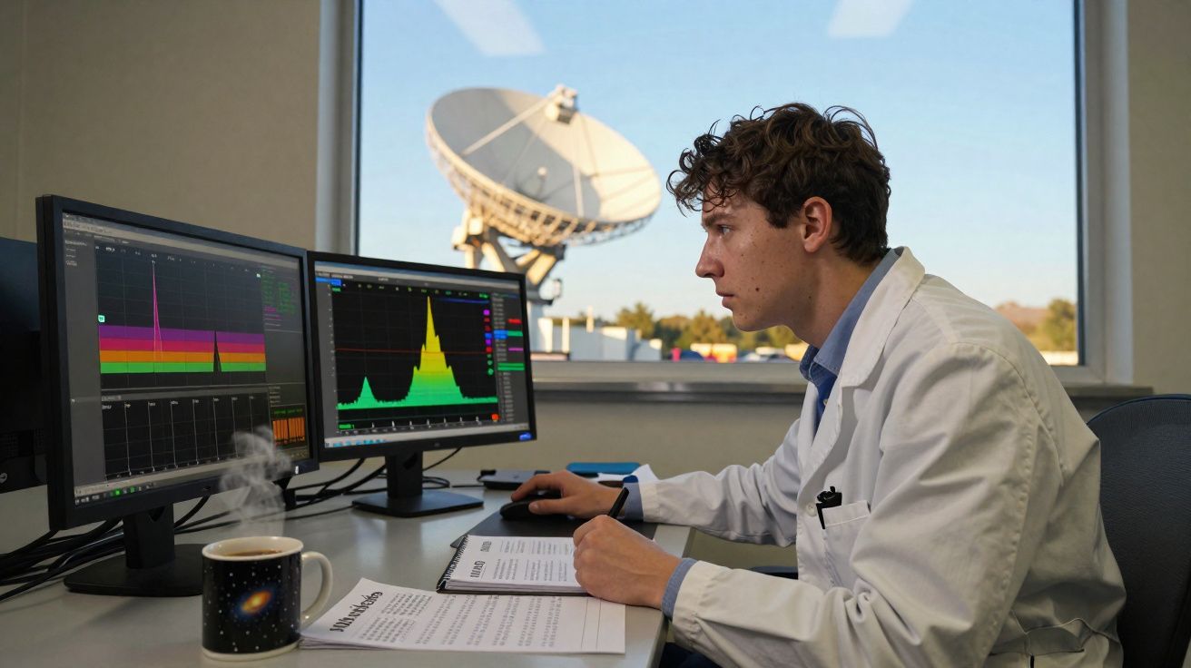Scientifique en blouse blanche analysant des données sur deux écrans, antenne parabolique visible à l'extérieur.