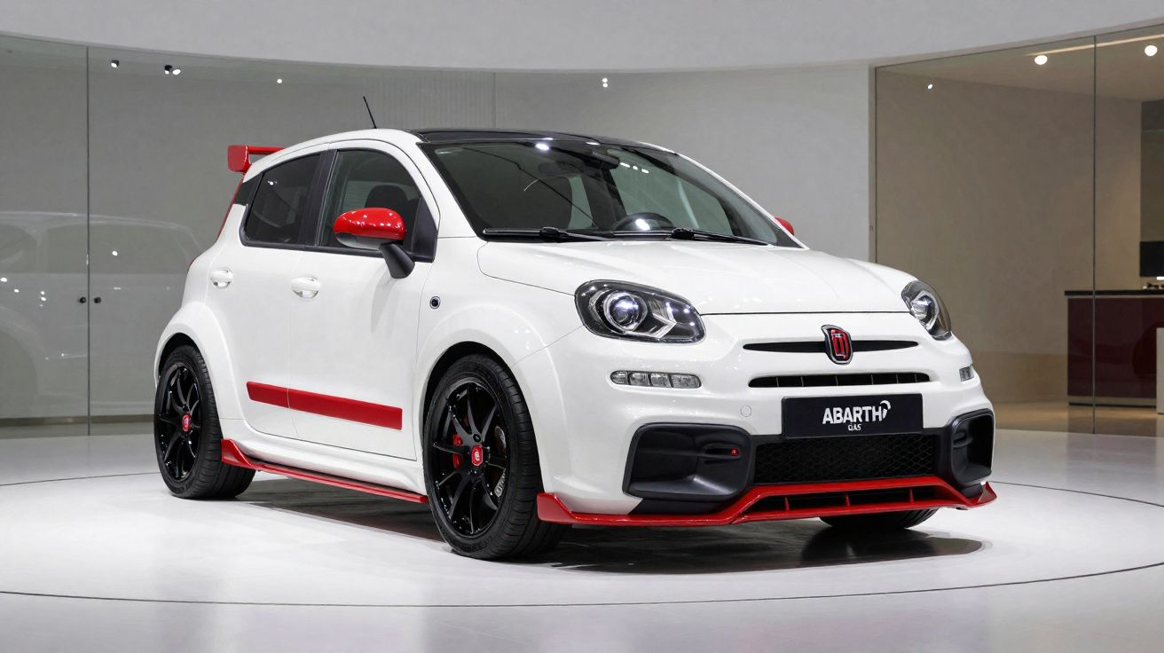 Voiture compacte blanche Abarth avec détails rouges et jantes noires exposée dans un showroom moderne.