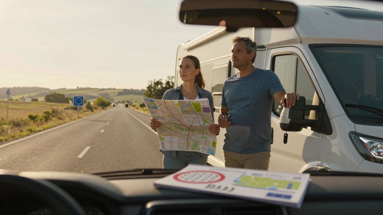 Un couple consulte une carte près de leur van sur une route de campagne au coucher du soleil, vu depuis un véhicule.