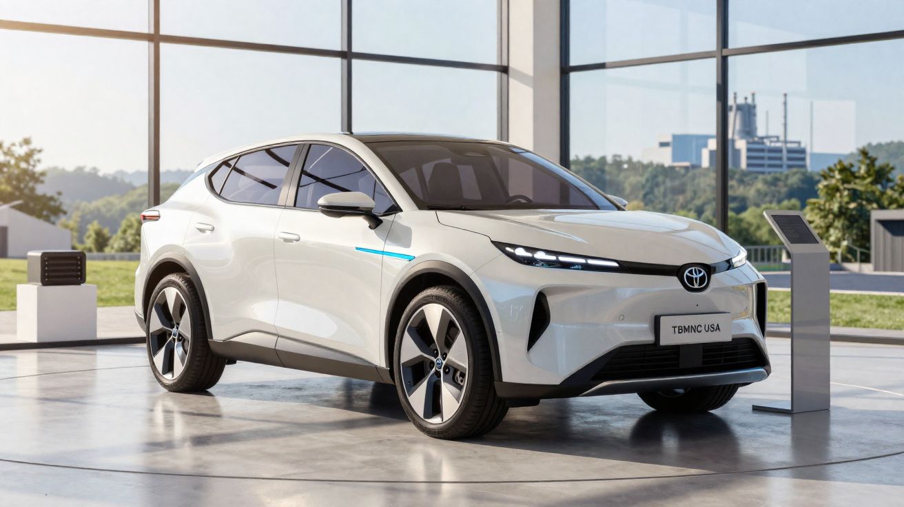 Voiture électrique blanche Toyota exposée dans un showroom moderne avec de grandes baies vitrées.