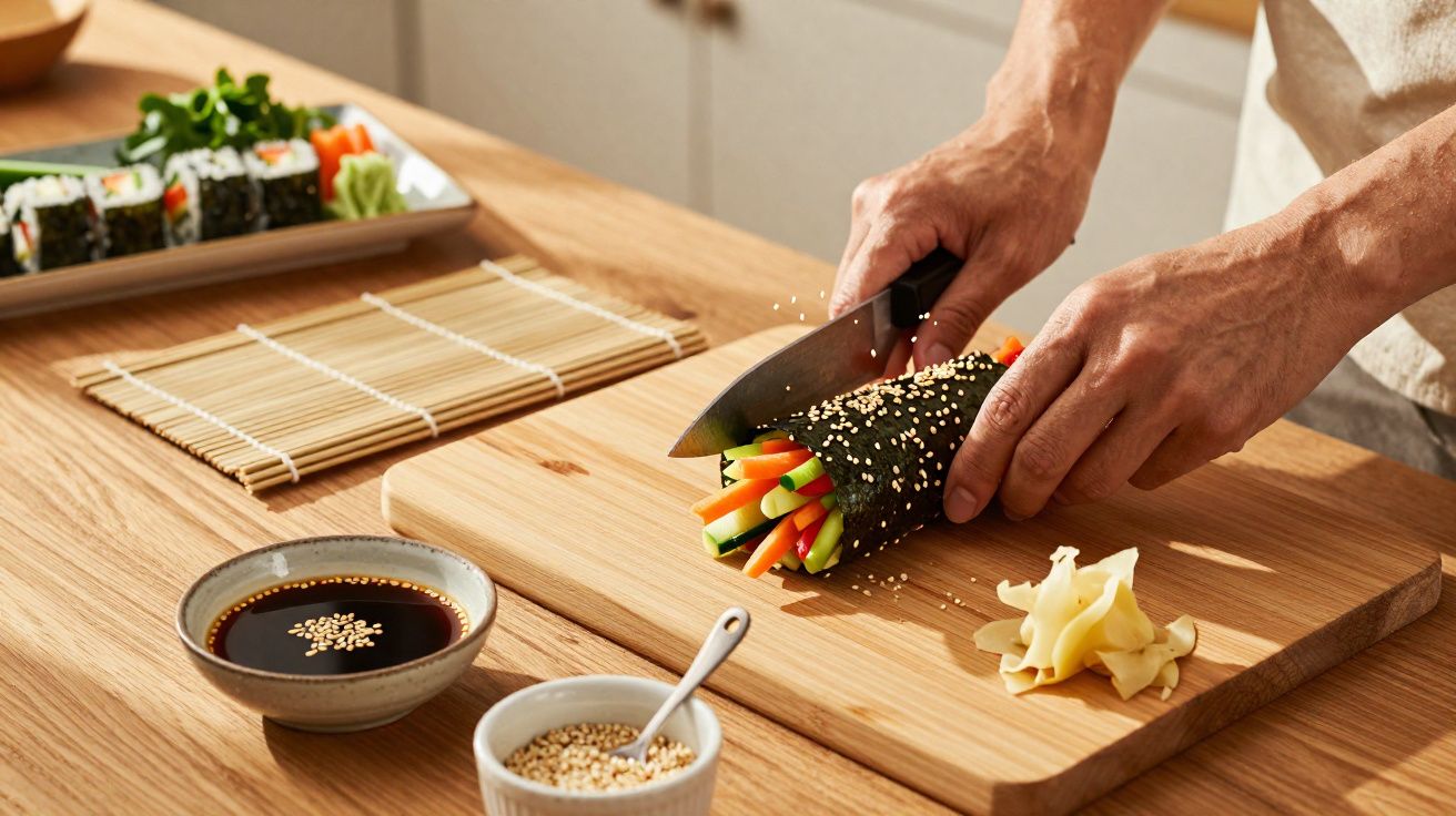 Une personne coupe un rouleau de sushi aux légumes sur une planche en bois avec sauce soja et gingembre mariné.