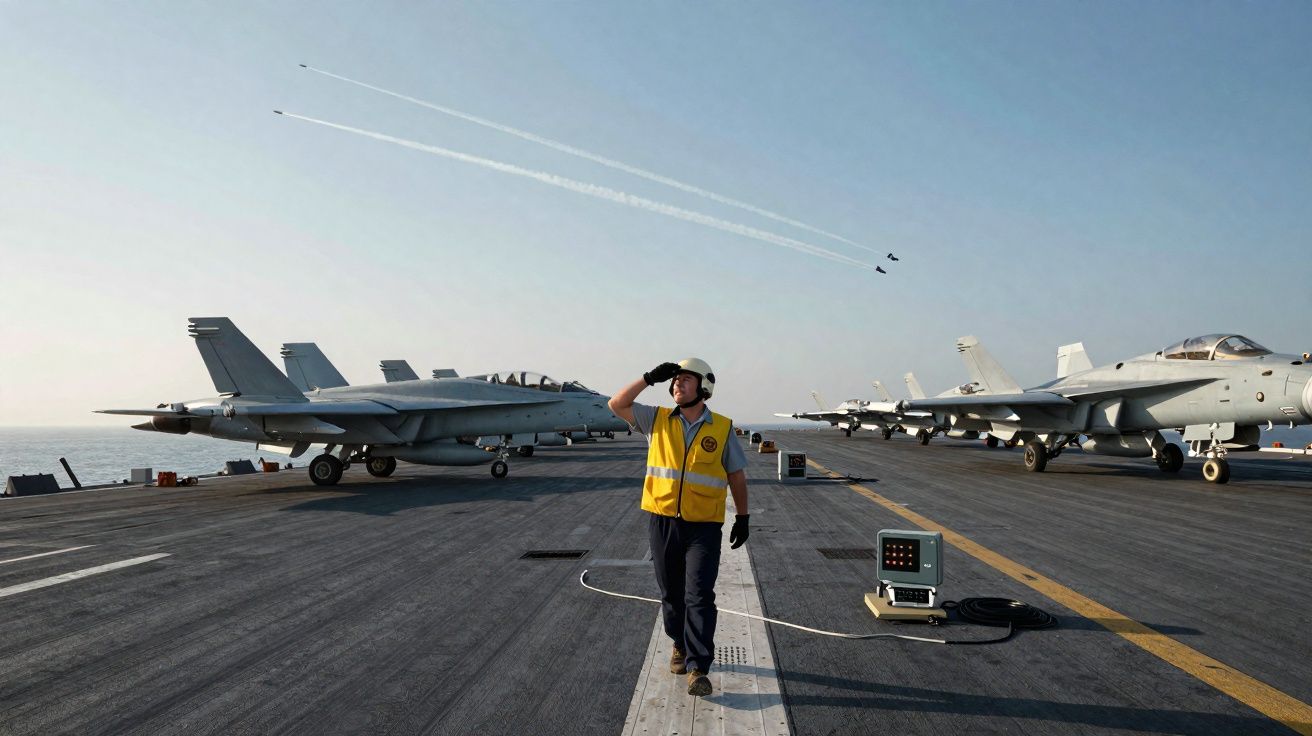 Un militaire en gilet jaune marche sur le pont d’un porte-avions avec des avions de chasse alignés et des avions en vol.