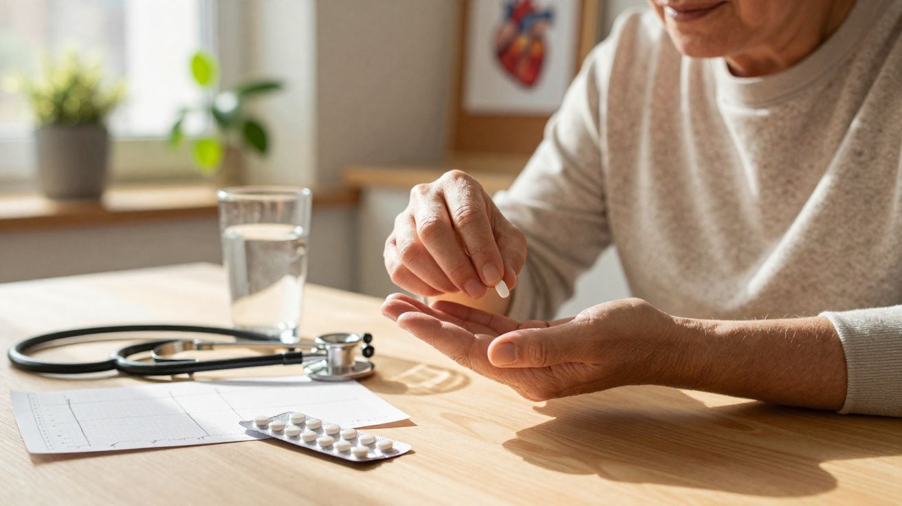 Personne prenant un comprimé à table avec stéthoscope, verre d'eau et ordonnance près d'une fenêtre.