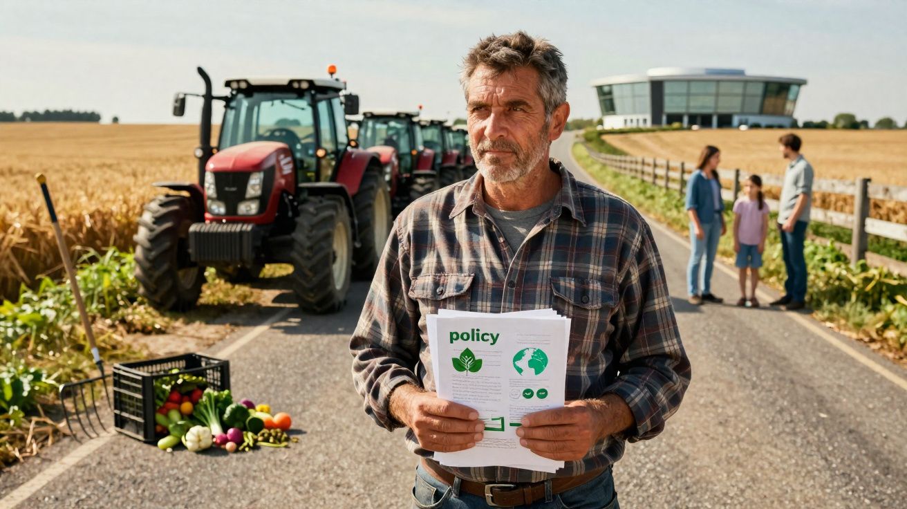 Agriculteur tenant des documents sur la politique agricole, avec des tracteurs et une famille en arrière-plan.