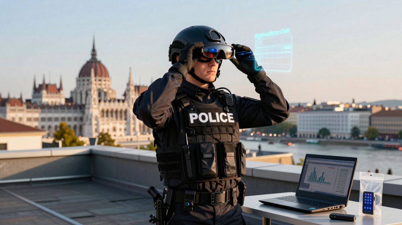 Policier équipé de lunettes de réalité augmentée sur un toit avec ordinateur portable et ville en arrière-plan.