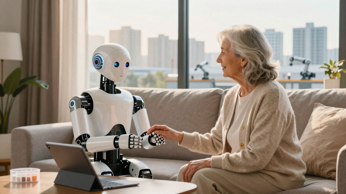 Une femme âgée souriante serre la main d'un robot humanoïde assis dans un salon moderne.