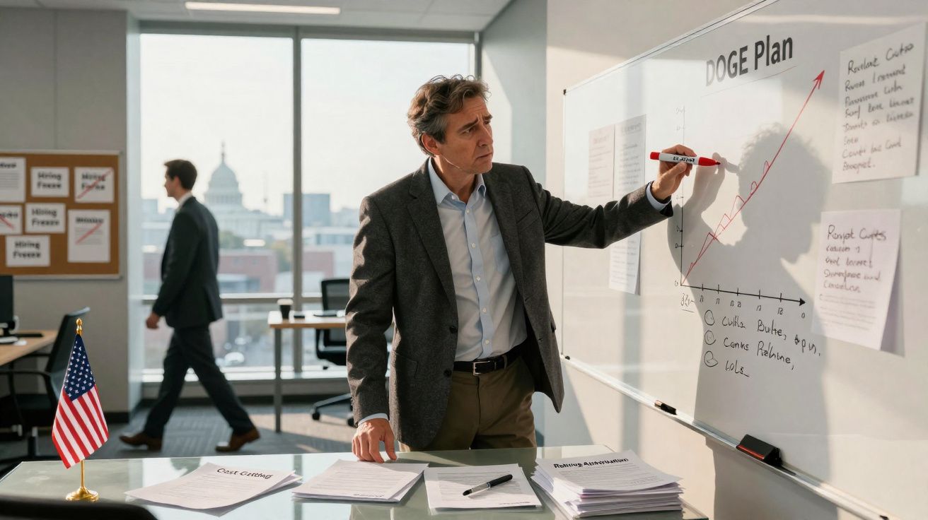 Homme en costume écrit avec un marqueur rouge sur un tableau blanc dans un bureau lumineux avec vue urbaine.