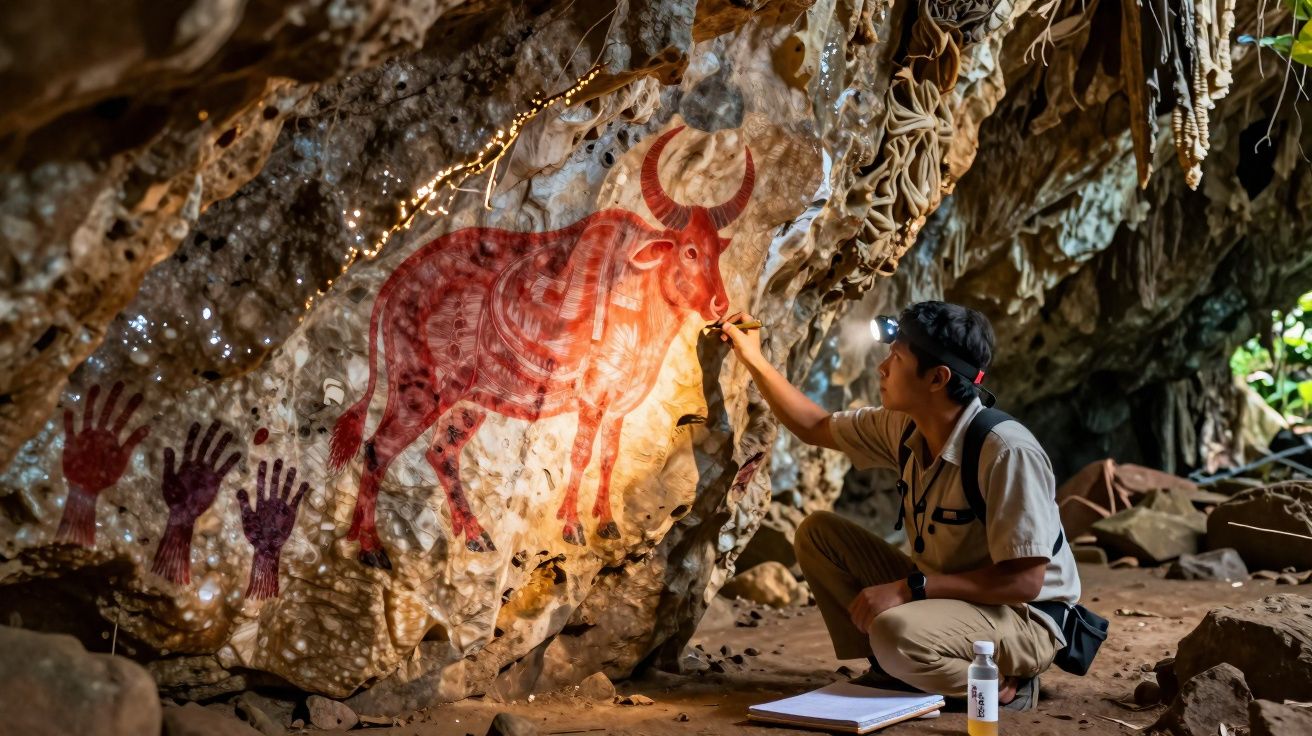 Un homme examine des peintures rupestres d’un taureau rouge et des empreintes de mains dans une grotte.