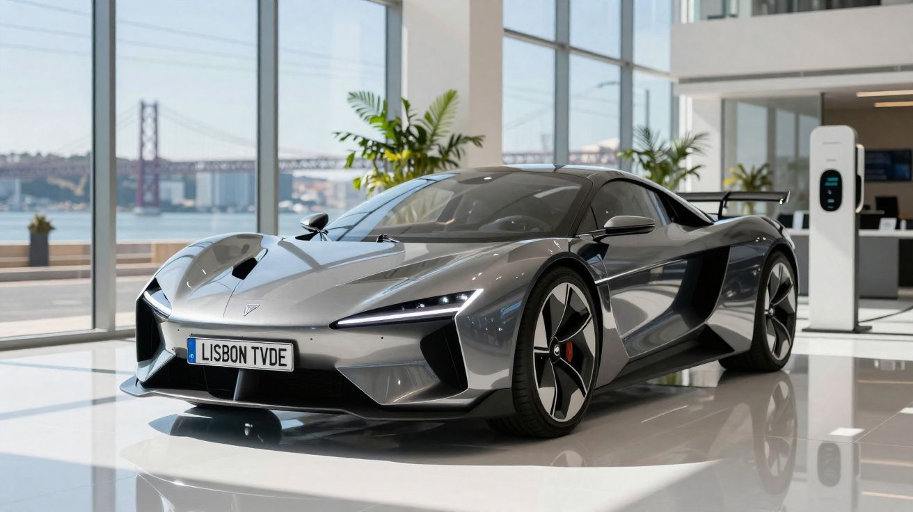 Voiture de sport électrique grise garée dans un showroom lumineux avec vue sur un pont et une station de recharge.
