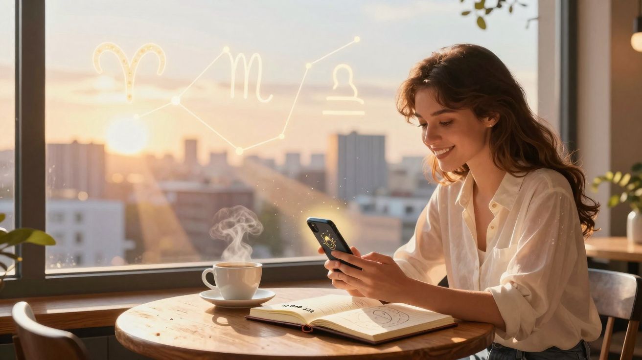 Jeune femme souriante utilisant son téléphone près d'une fenêtre avec une tasse de café fumante et un carnet ouvert.