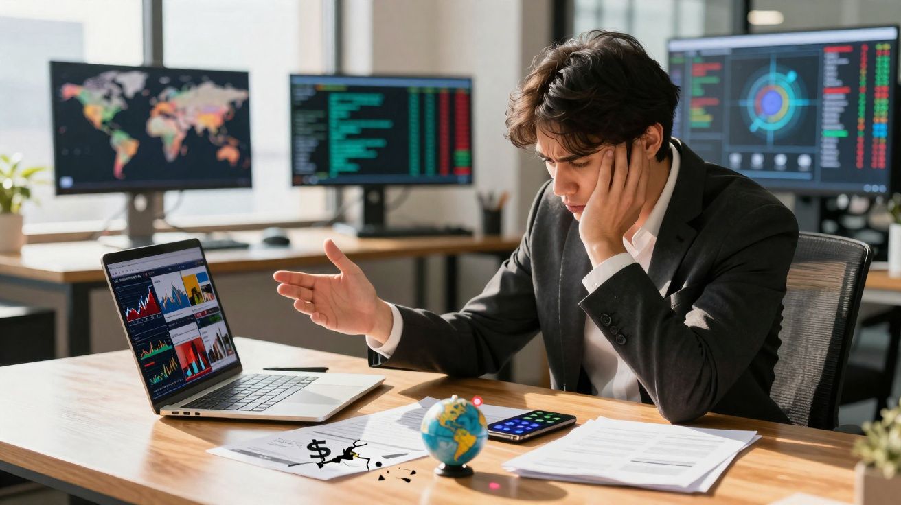 Homme d'affaires regardant un graphique financier en baisse sur son ordinateur portable dans un bureau moderne.