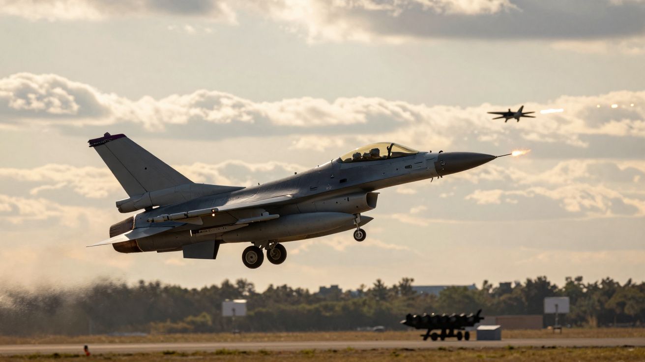 Deux avions de chasse militaires en vol à basse altitude au-dessus d’une piste avec un ciel nuageux.