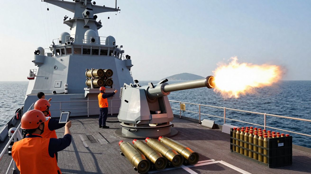 Canon de navire militaire tirant en mer avec des marins en gilets et casques orange observant.