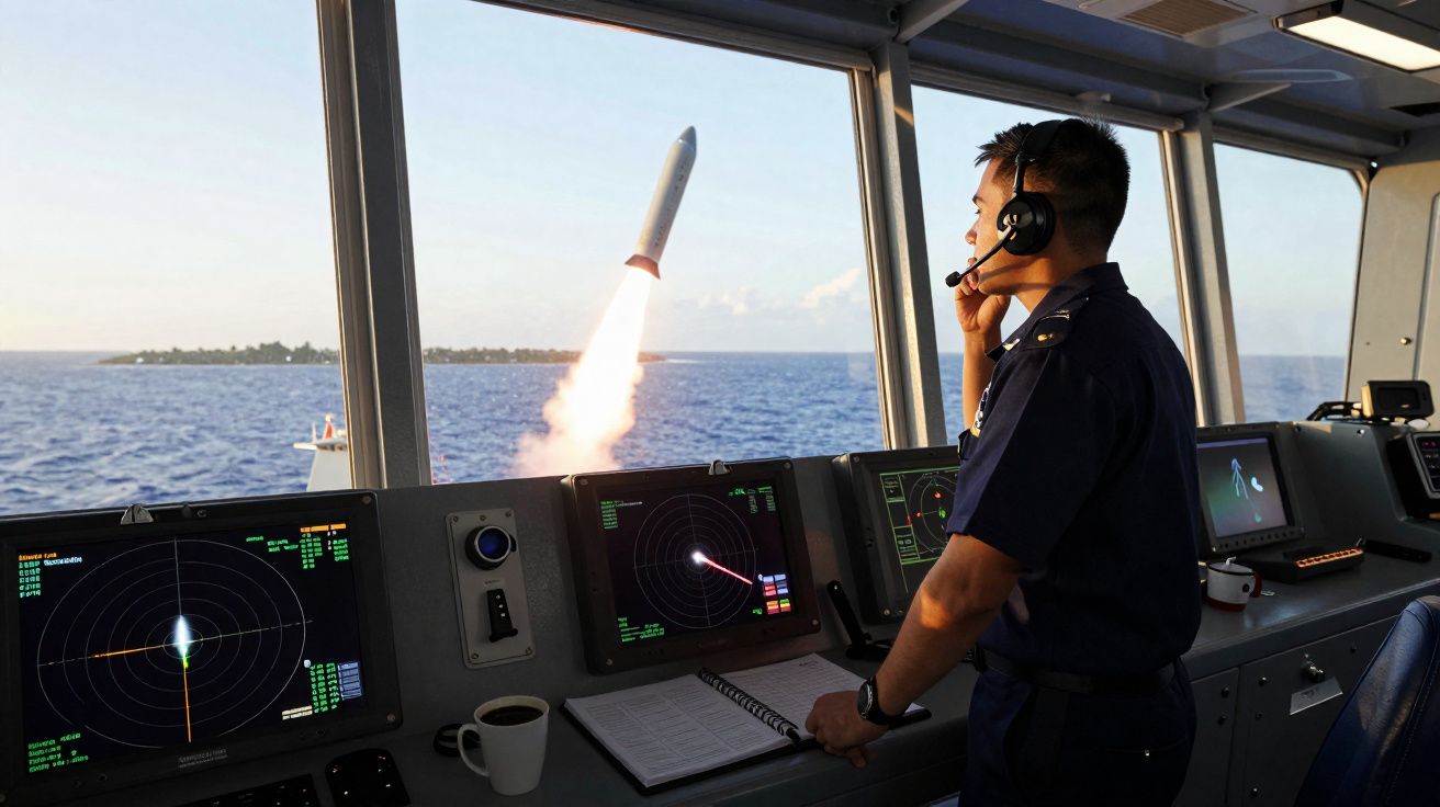 Militaire en poste de commandement observe le lancement d'un missile depuis un navire en mer.