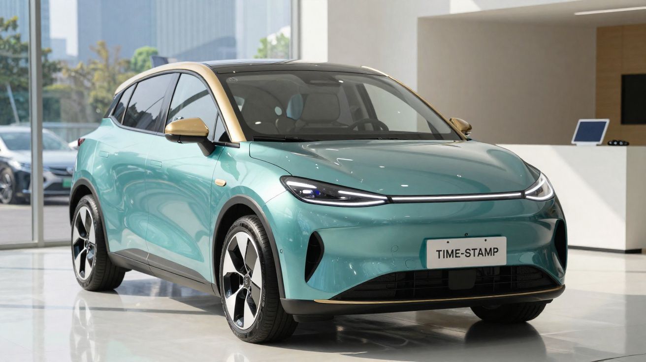 Voiture électrique compacte bleu turquoise avec toit doré exposée dans un showroom moderne.