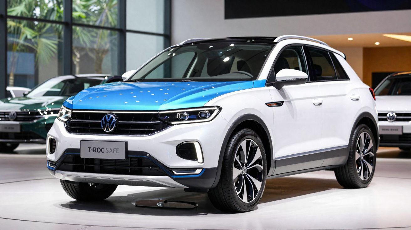 SUV Volkswagen T-Roc blanc à toit bleu exposé dans un showroom moderne avec éclairage intérieur.