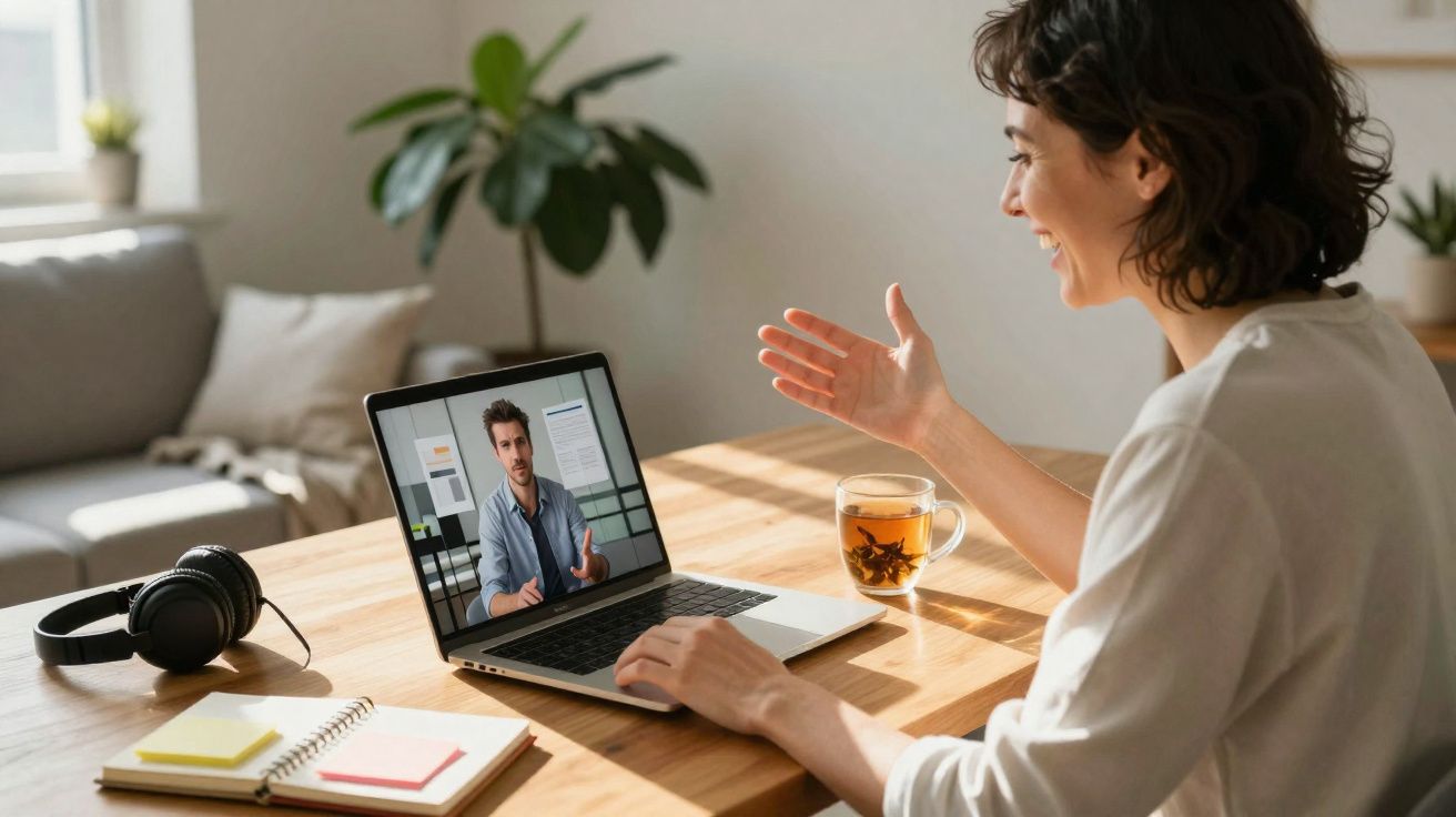 Femme discutant en visioconférence sur ordinateur portable avec tasse de thé et casque posés sur une table en bois.