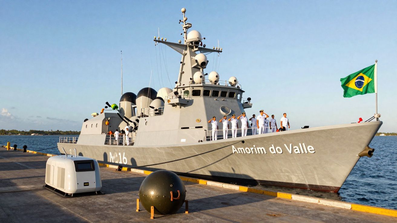 Navire militaire brésilien Amarim do Valle amarré avec équipage saluant sur le quai au coucher du soleil.