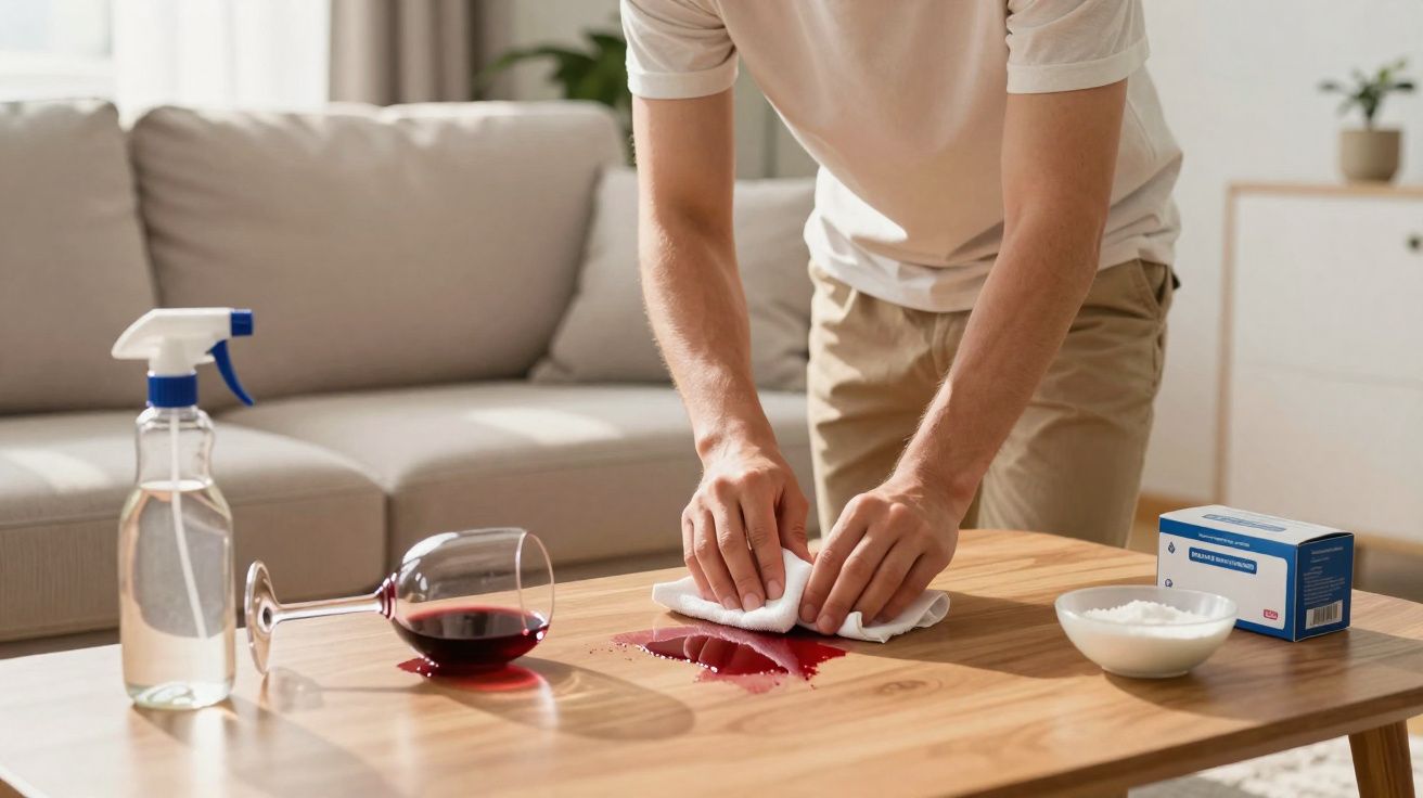 Personne essuyant une tache de vin rouge renversé sur une table en bois avec un spray et du bicarbonate.