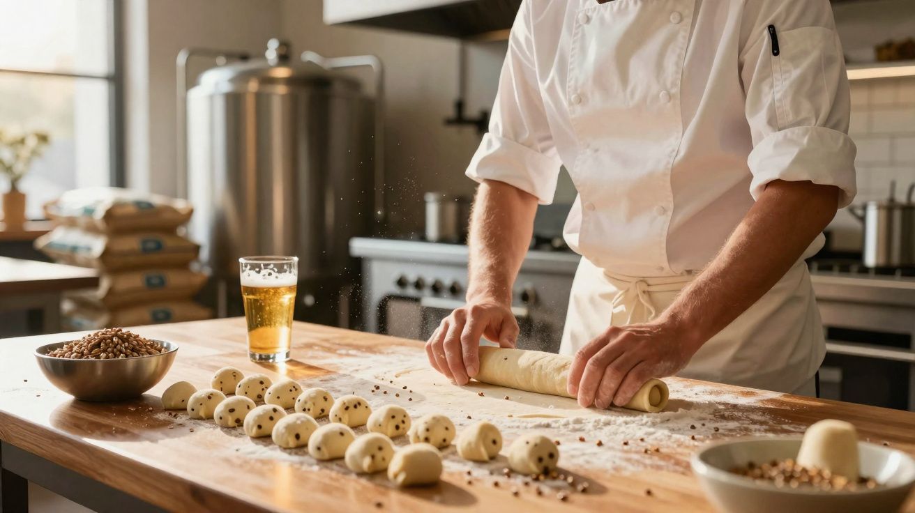 Chef pâtissier roule une pâte sur un plan de travail en bois avec boules de pâte et verre de bière.