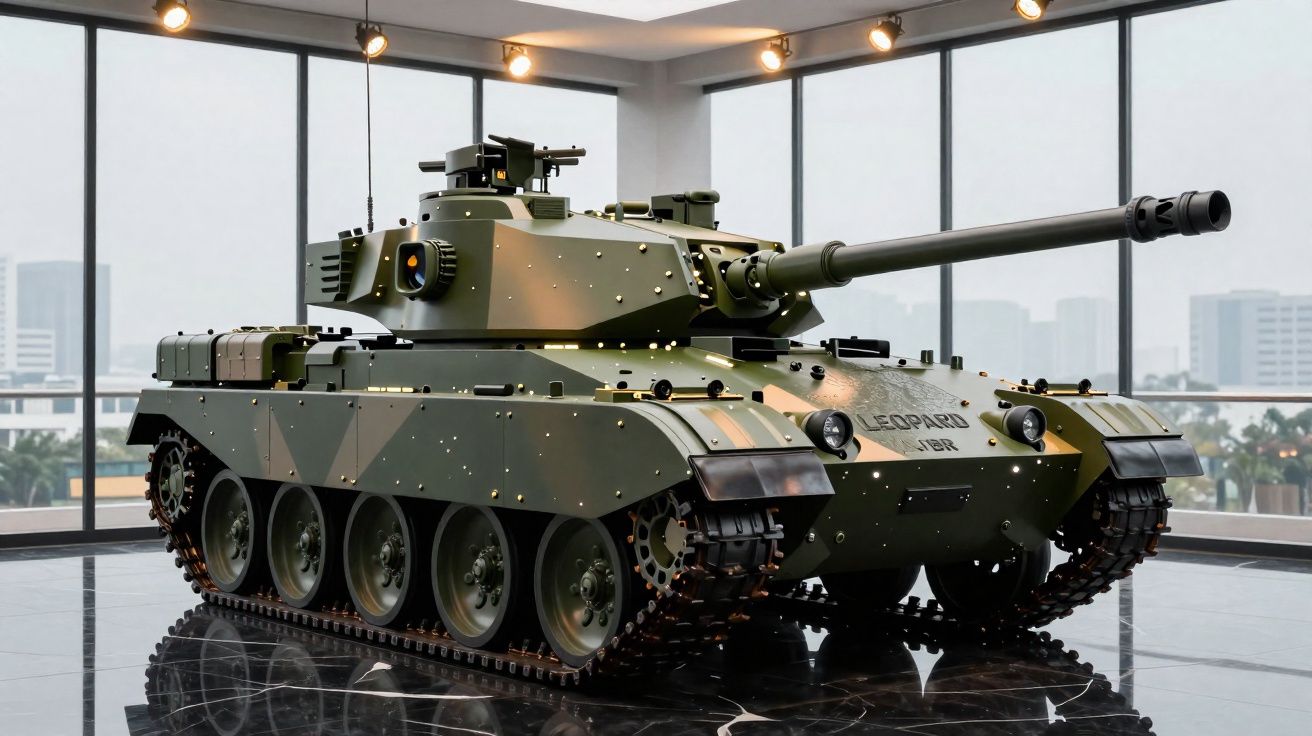 Char léger de combat Leopard VB-R camouflage vert exposé dans une salle moderne avec grandes fenêtres.