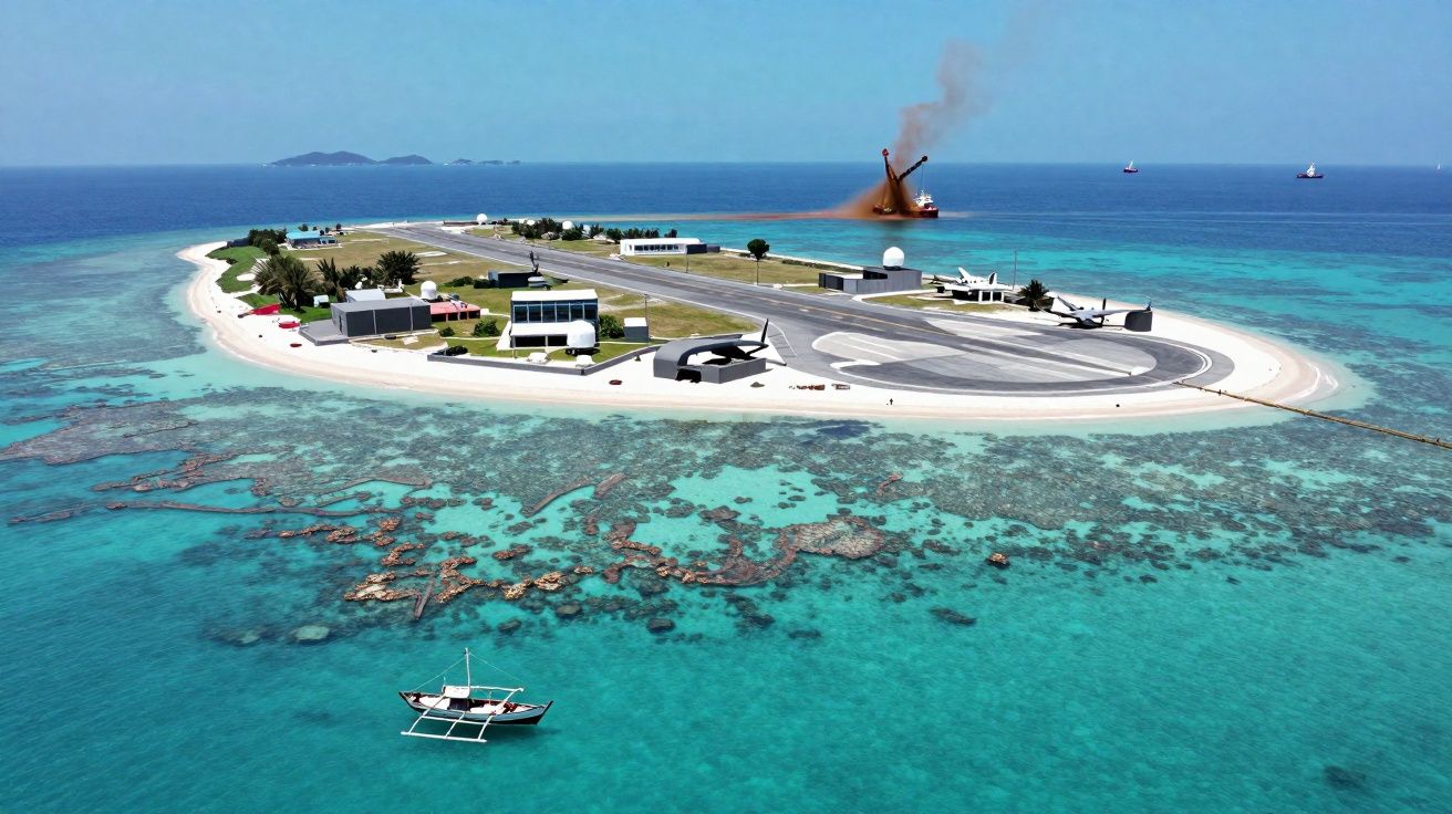 Petite île avec aérodrome, bâtiments, bateau en mer turquoise et explosion avec fumée à l'arrière-plan.