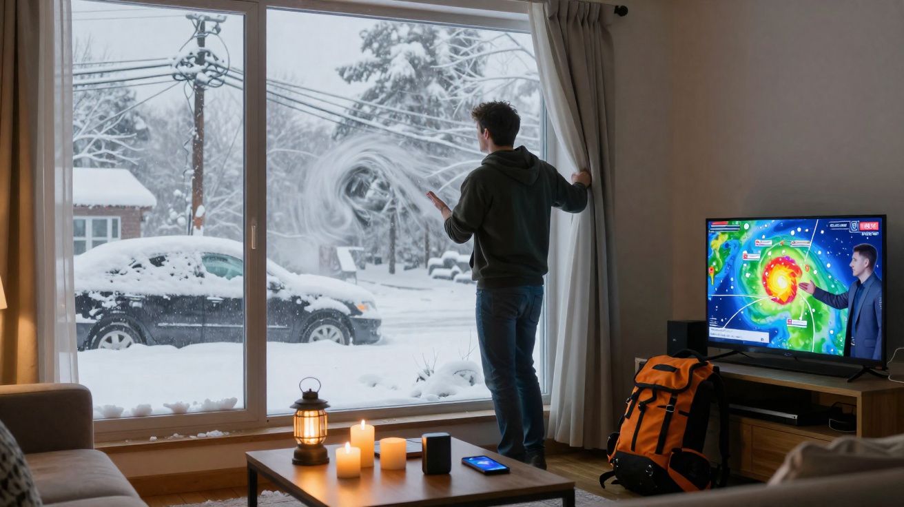 Homme traçant une spirale sur une vitre avec neige dehors, télévision affiche carte météo.